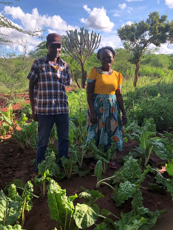 Stephen and Sabina in their vegetable garden watered via a pipe from Kisesini Borehole, Machakos County, Kenya. © Julianne Stewart, AID.