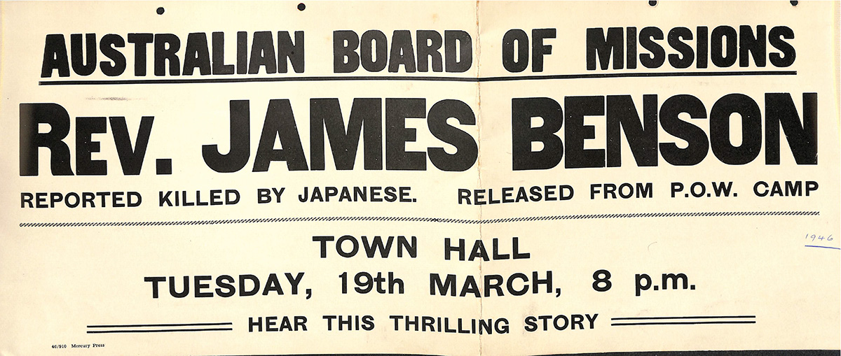 Banner advertising a 1946 talk by Fr James Benson.