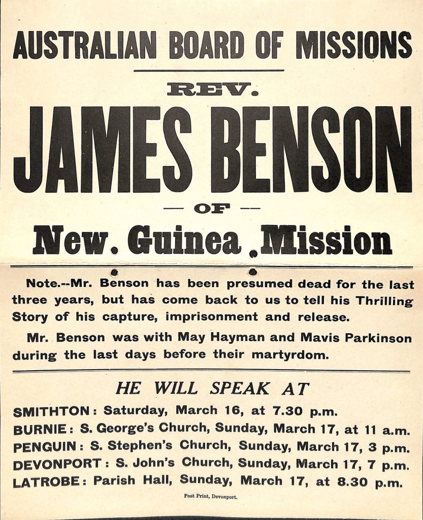 Advertisement for Fr James Benson’s speaking tour of Tasmania following his return to Australia after being released as a prisoner-of-war.