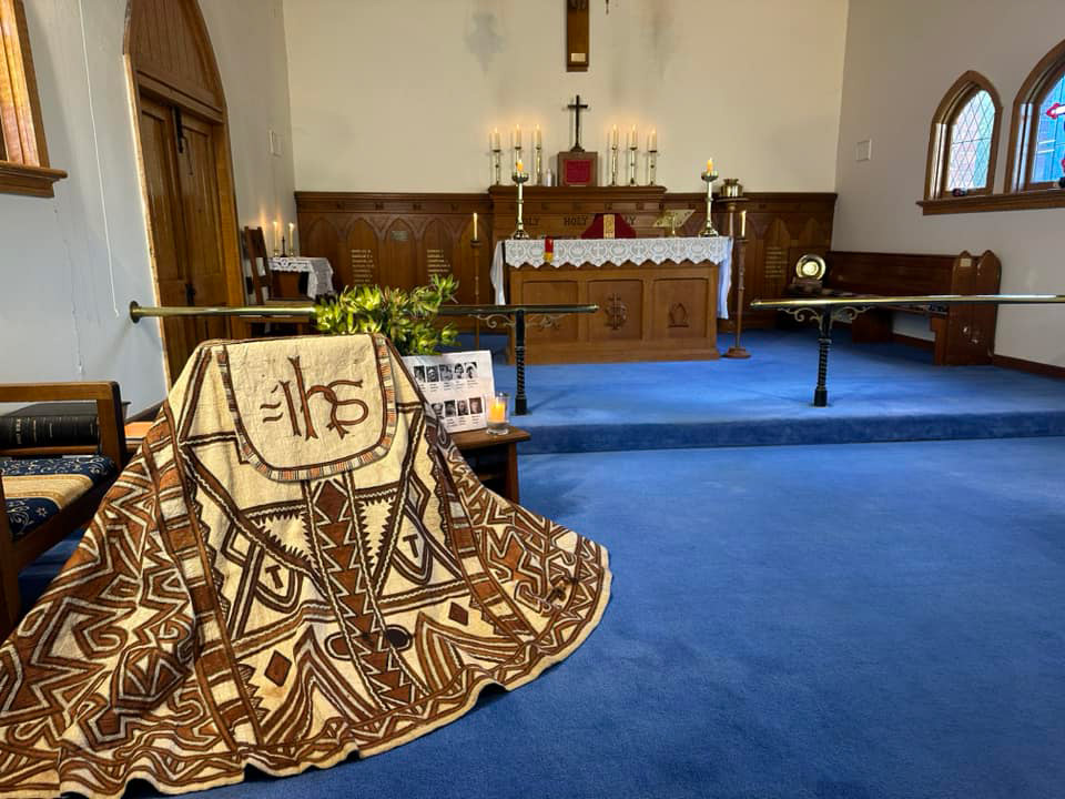 Tapa cloth cope displayed at St Stephen’s, Rutherglen. © The Rev’d Scott Jessup. Used with permission.