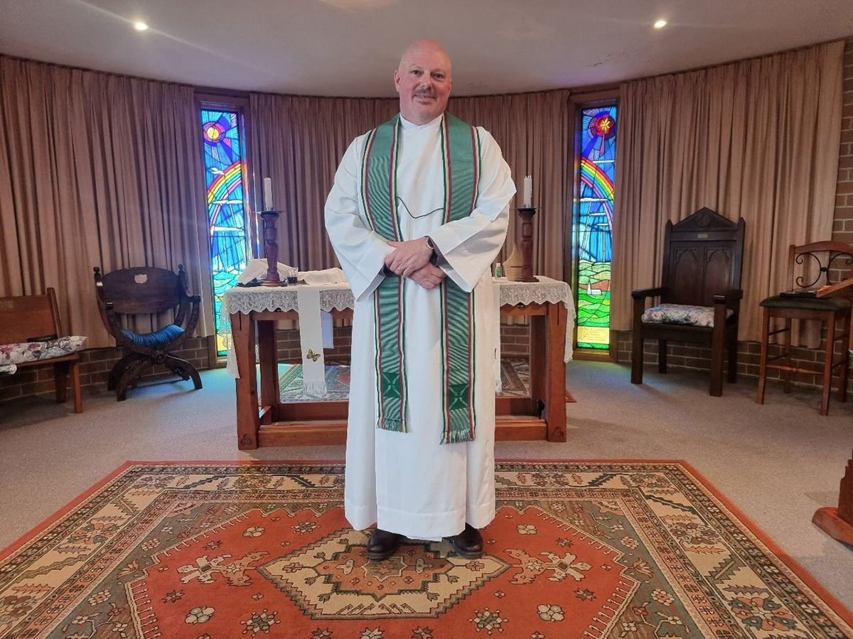 The Rev’d Damian King, newly ordained, with his ABM stole. © Amy Turner. Used with permission.