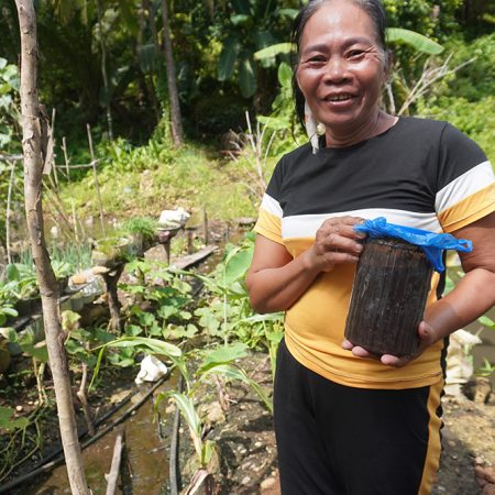 Marietta uses fish amino acids to fertilise her organic indigenous sticky corn crop grown using traditional seeds. © IFI-VIMROD. Used with permission.